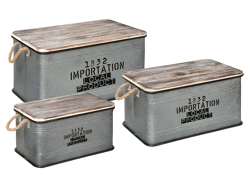 Set de 3 Malles en Métal zinc et Bois déco