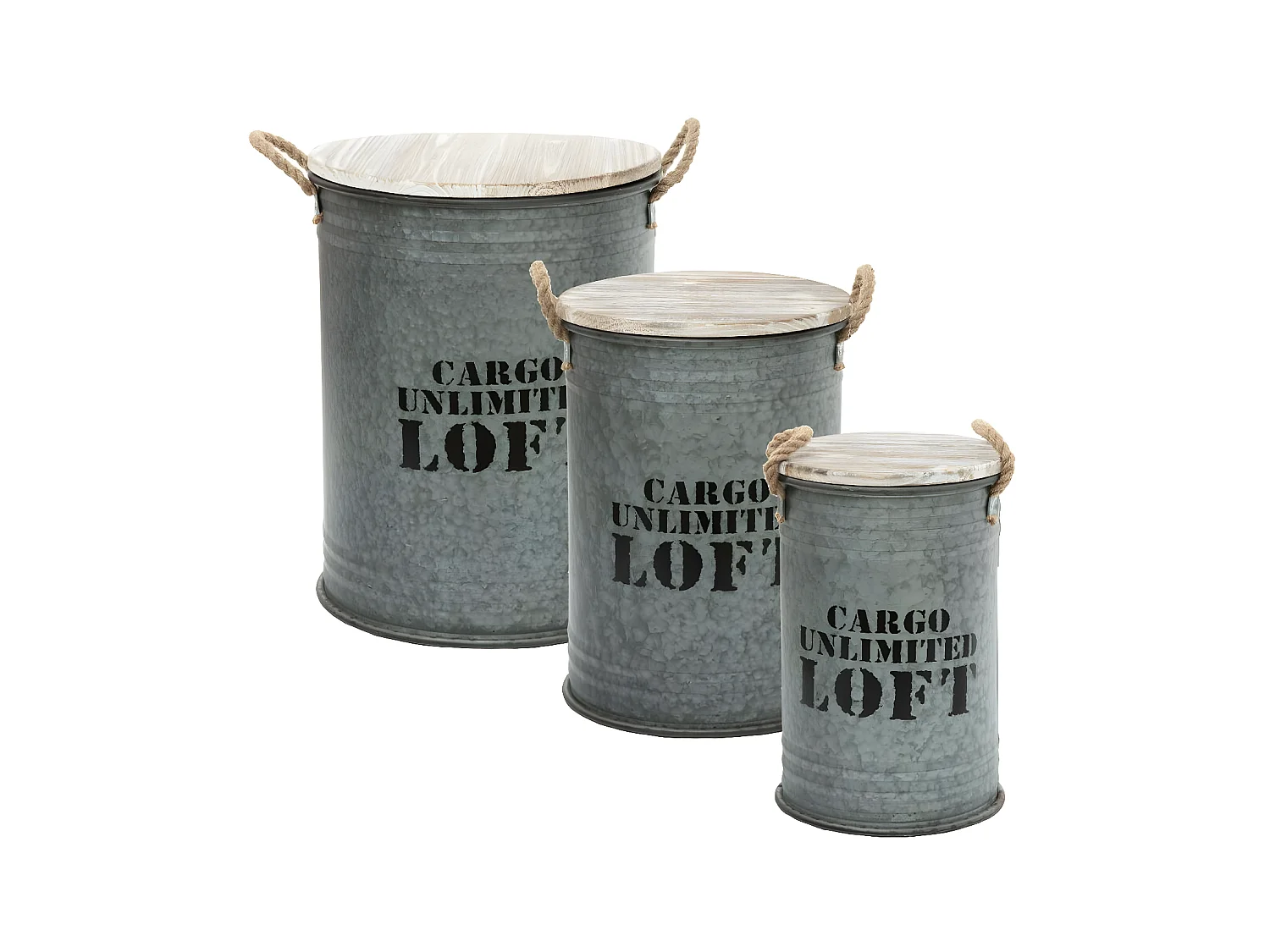 Lot de 3 Coffres Bidon en métal Gris alu Loft rétro factory