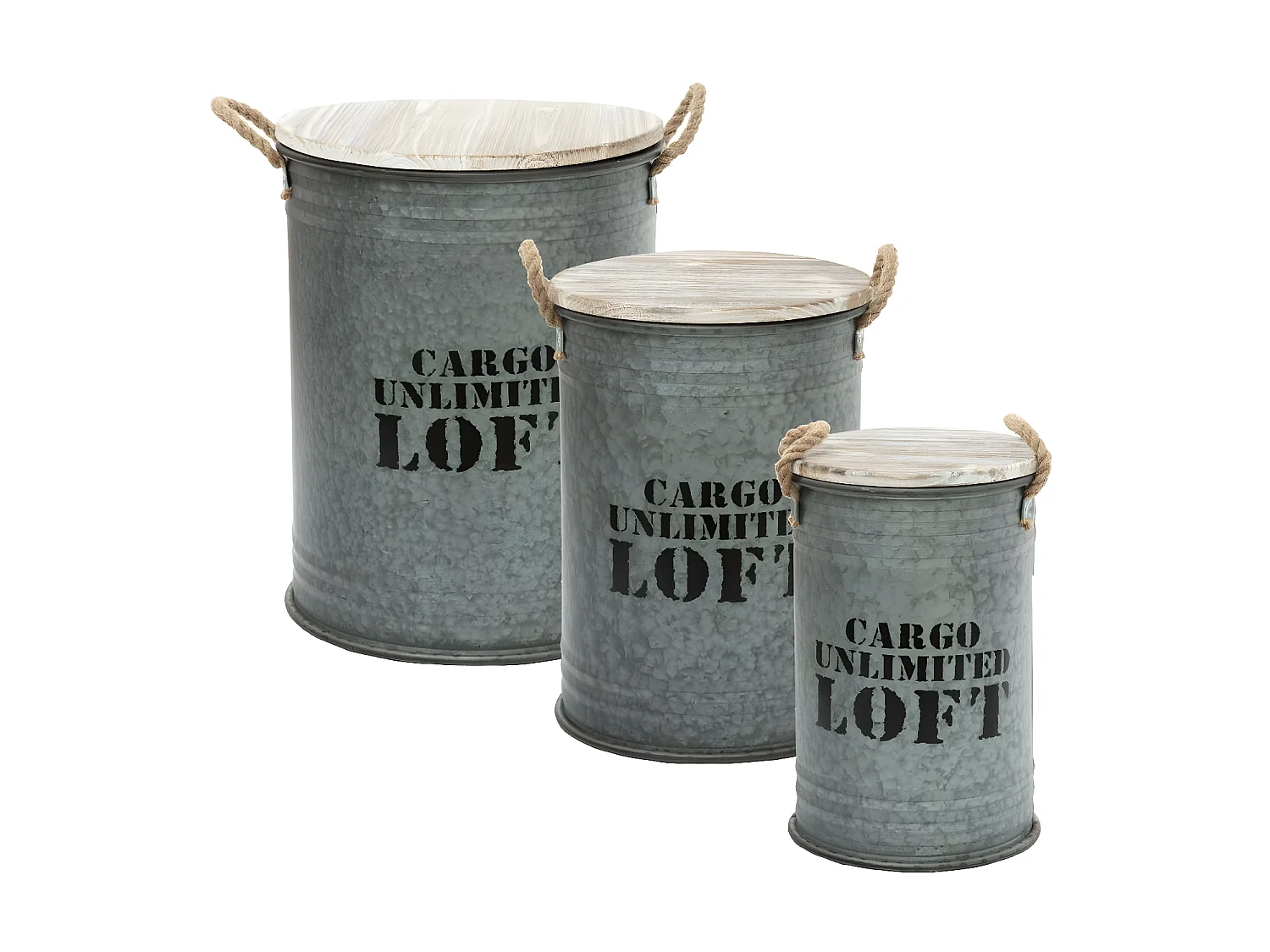 Lot de 3 Coffres Bidon en métal Gris alu Loft rétro factory