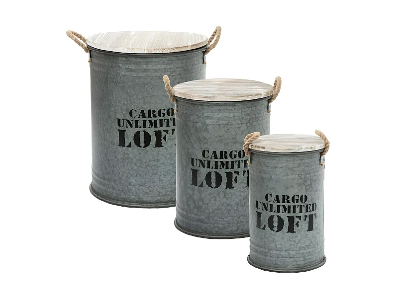 Lot de 3 Coffres Bidon en métal Gris alu Loft rétro factory