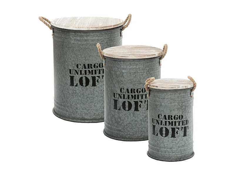 Lot de 3 Coffres Bidon en métal Gris alu Loft rétro factory