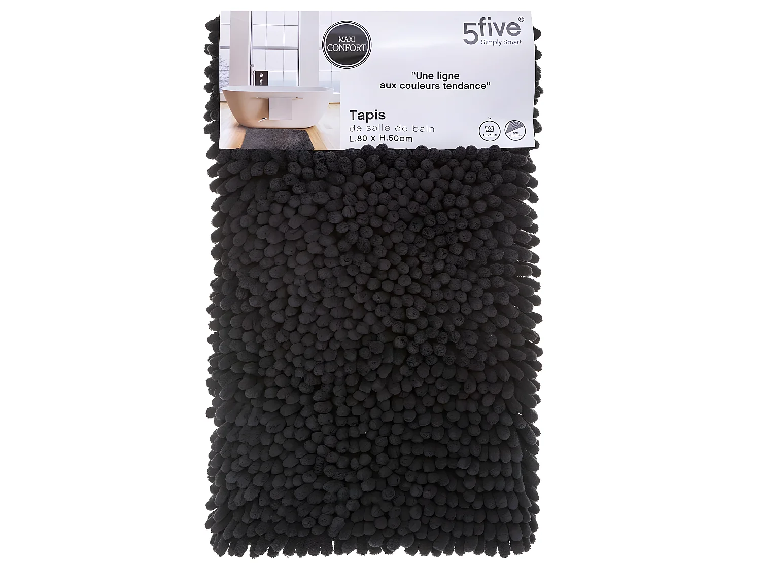 Tapis de Salle de bain Noir chenille maxi confort 50 x 80 cm