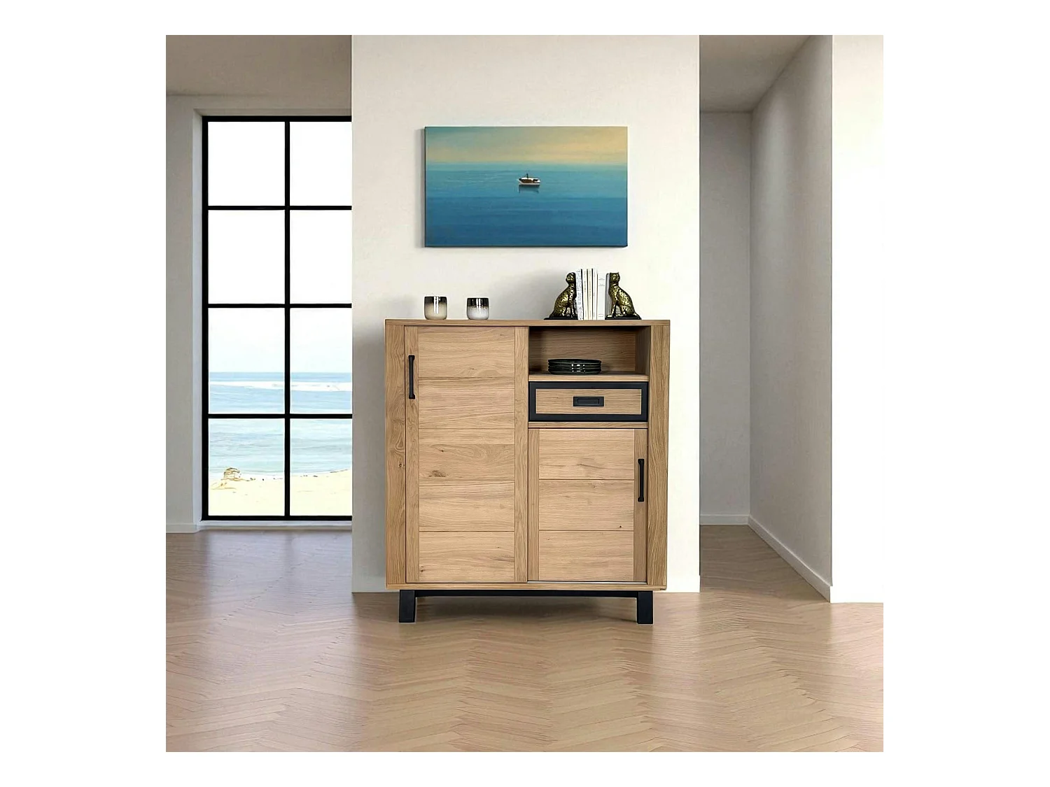 Buffet haut moderne en bois clair - 2 portes, 1 niche GRADO