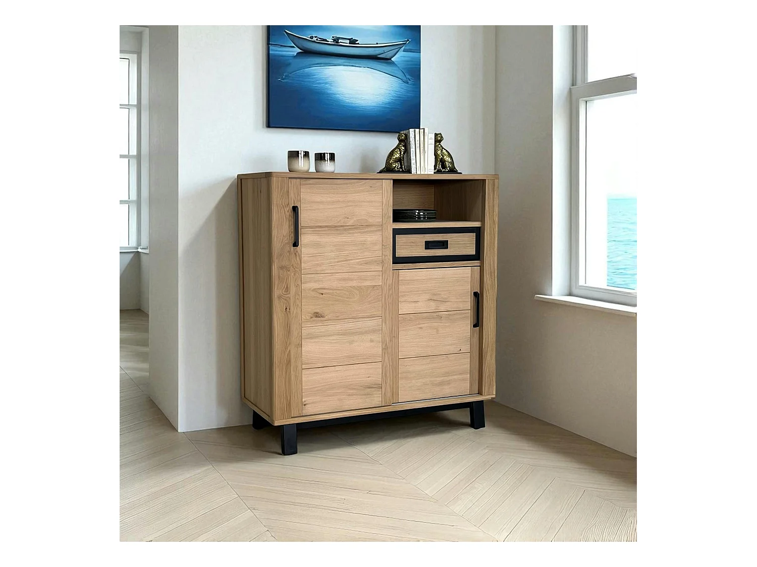 Buffet haut moderne en bois clair - 2 portes, 1 niche GRADO