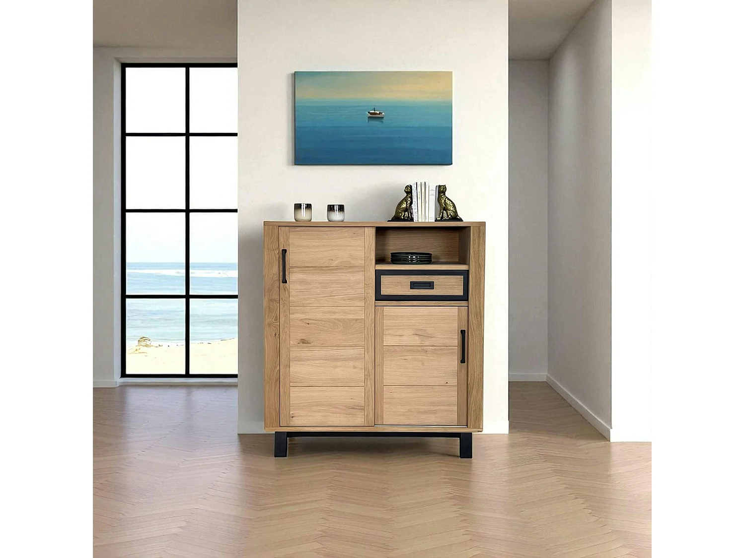 Buffet haut moderne en bois clair - 2 portes, 1 niche GRADO