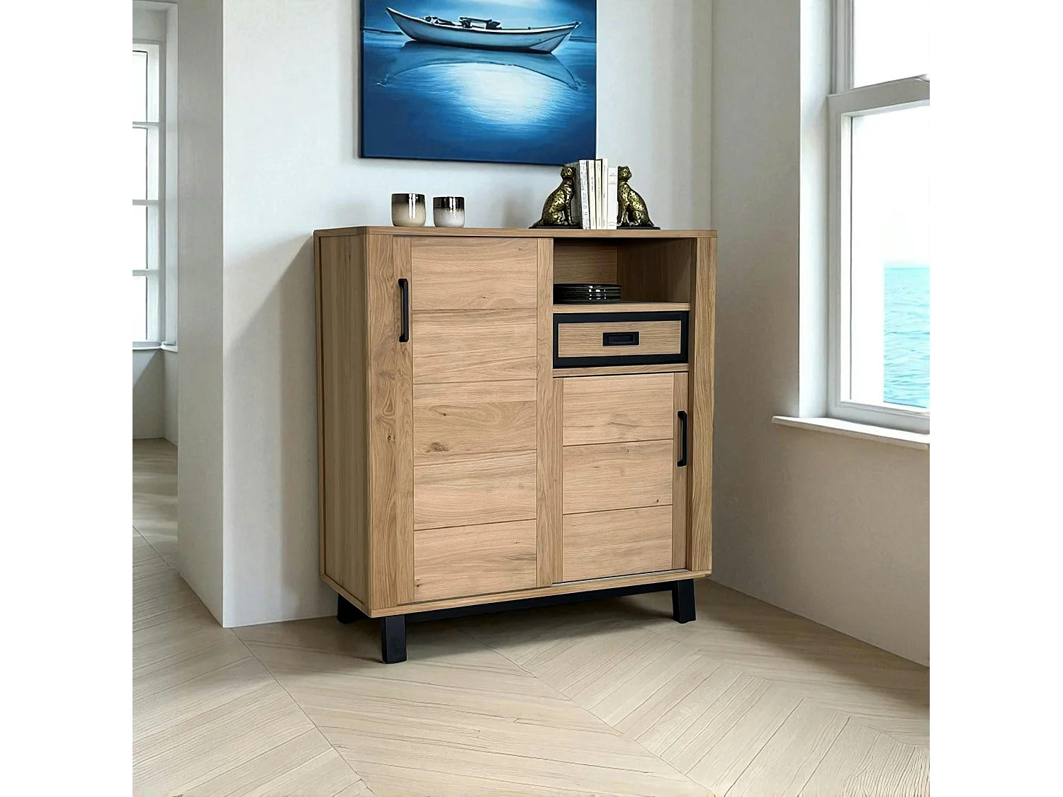 Buffet haut moderne en bois clair - 2 portes, 1 niche GRADO