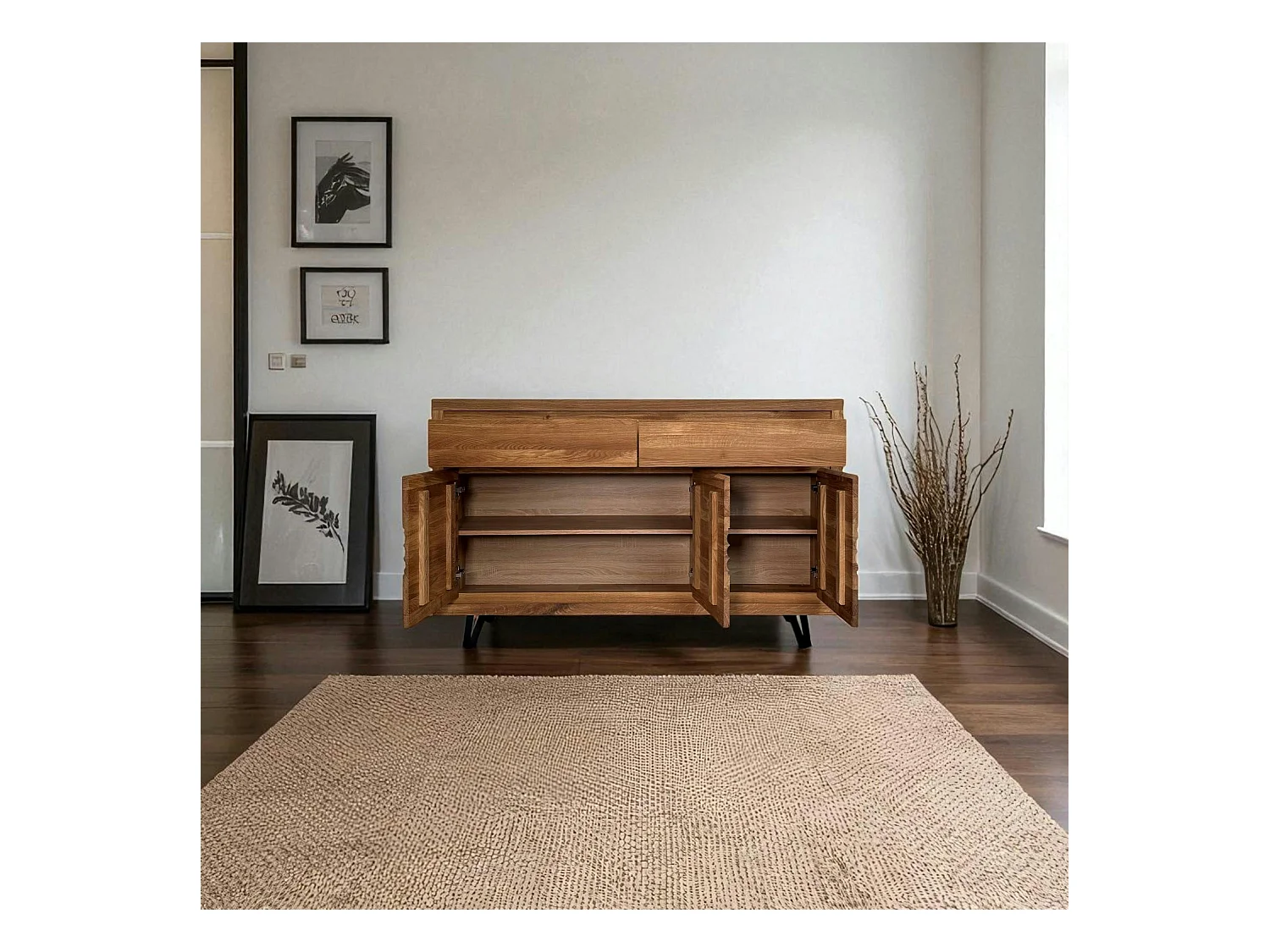 Buffet bois massif 3 portes - frise décorative ROSETO