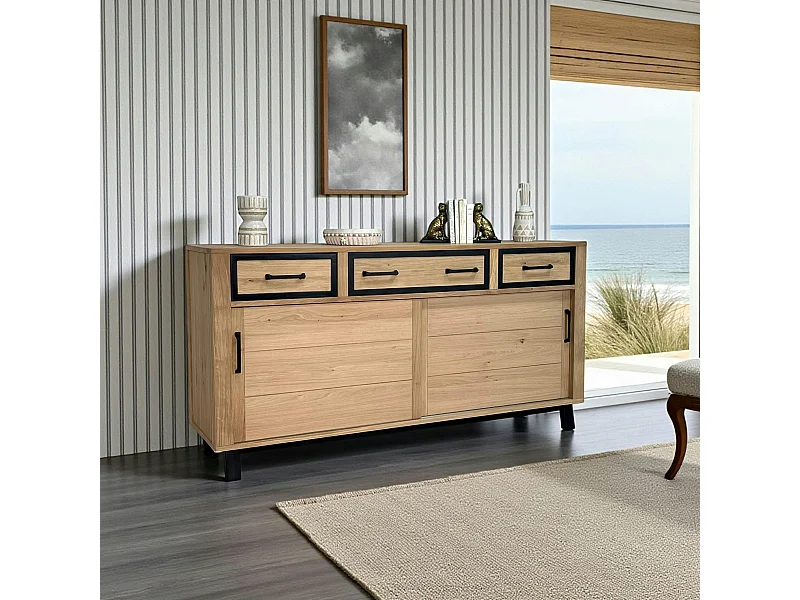 Buffet moderne bois clair - 2 portes, 3 tiroirs GRADO