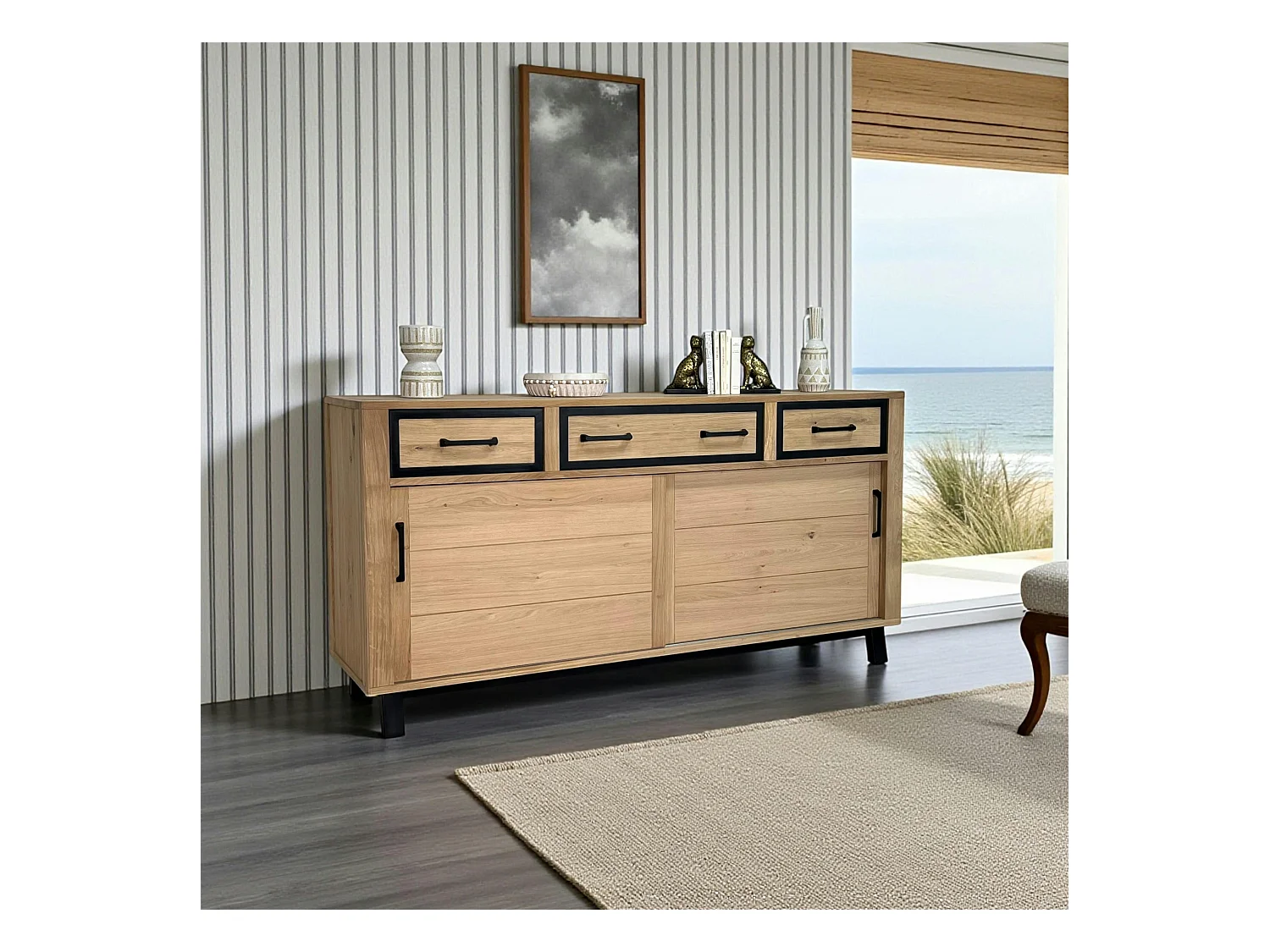 Buffet moderne bois clair - 2 portes, 3 tiroirs GRADO