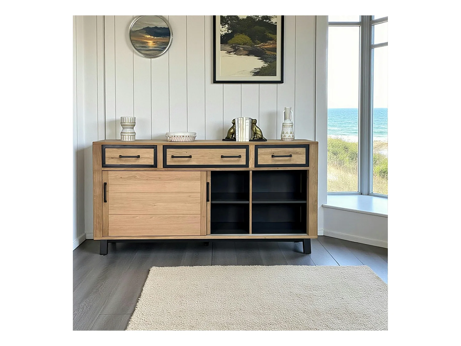 Buffet moderne bois clair - 2 portes, 3 tiroirs GRADO