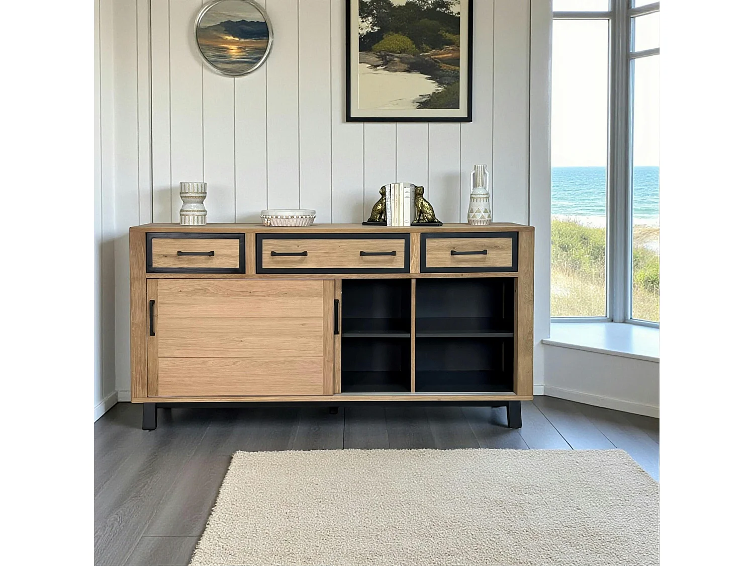 Buffet moderne bois clair - 2 portes, 3 tiroirs GRADO