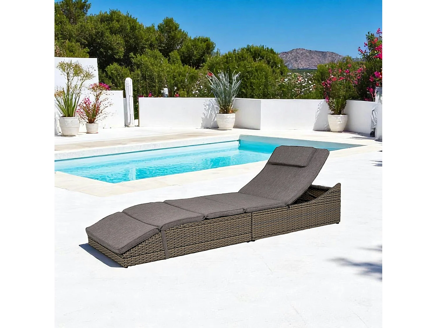 Bain de soleil inclinable en rotin synthétique gris MENDOZA