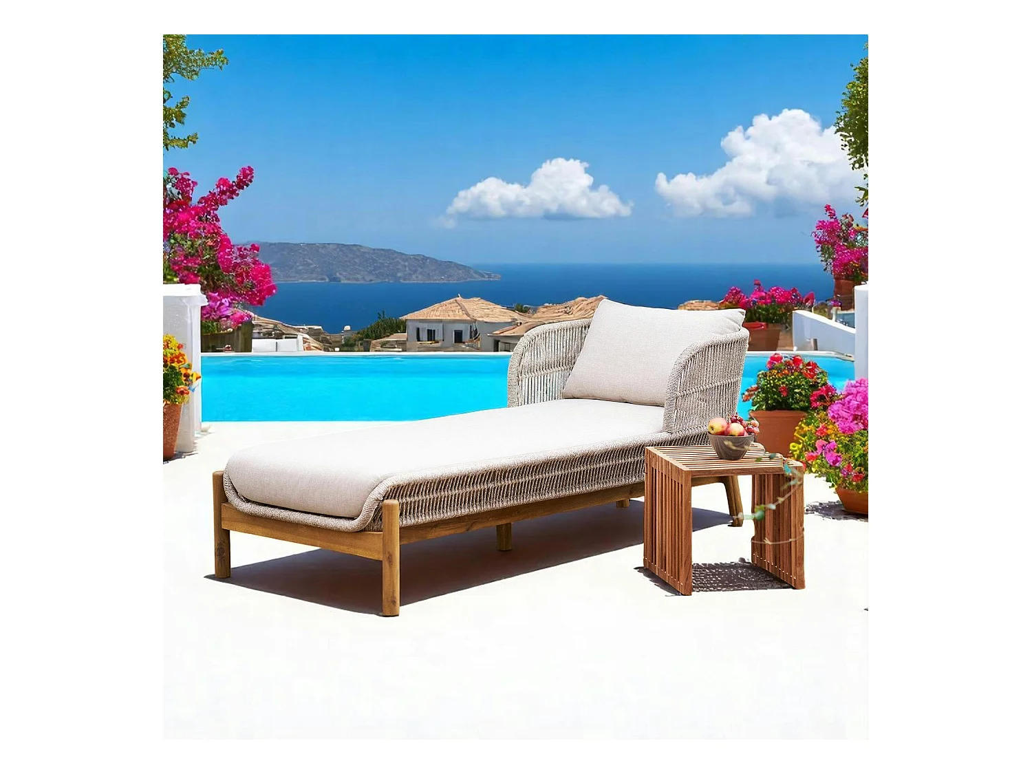 Bain de soleil en bois d'acacia et corde avec dossier montant MENDOZA