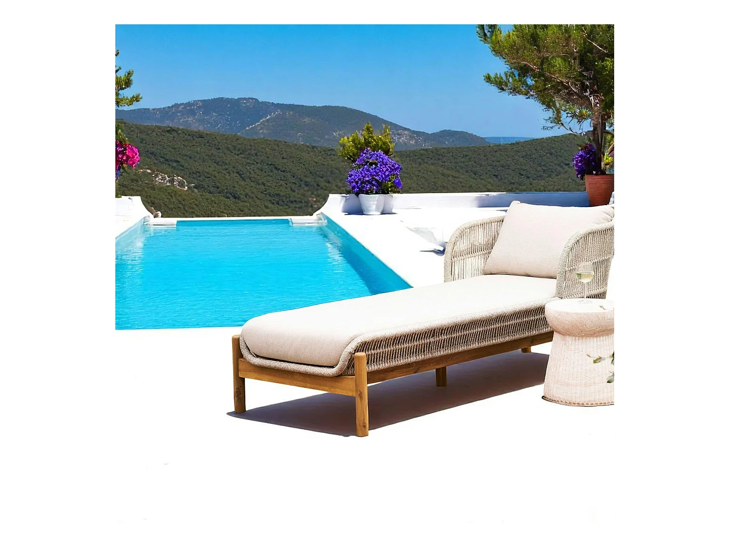 Bain de soleil en bois d'acacia et corde avec dossier montant MENDOZA