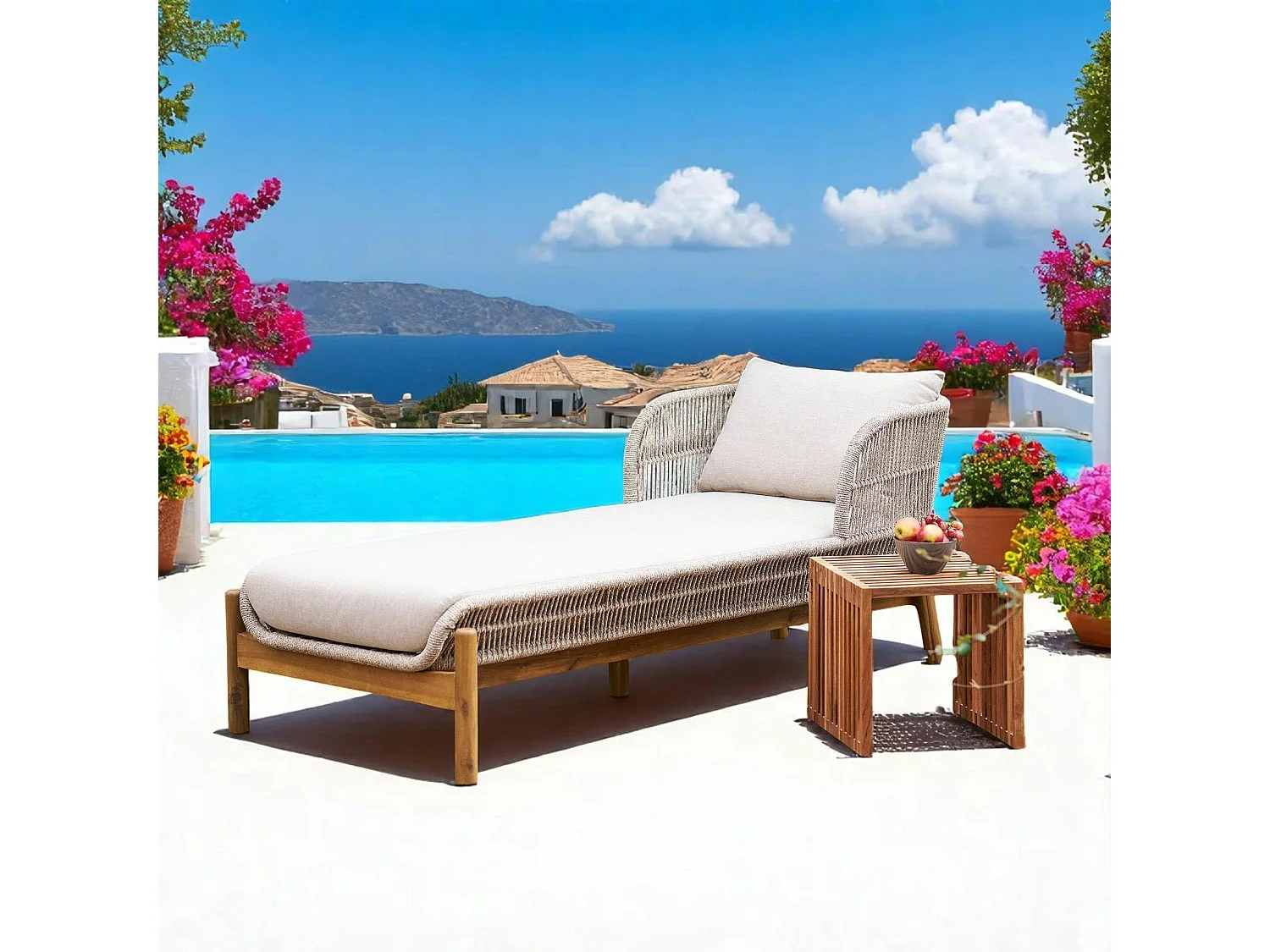 Bain de soleil en bois d'acacia et corde avec dossier montant MENDOZA