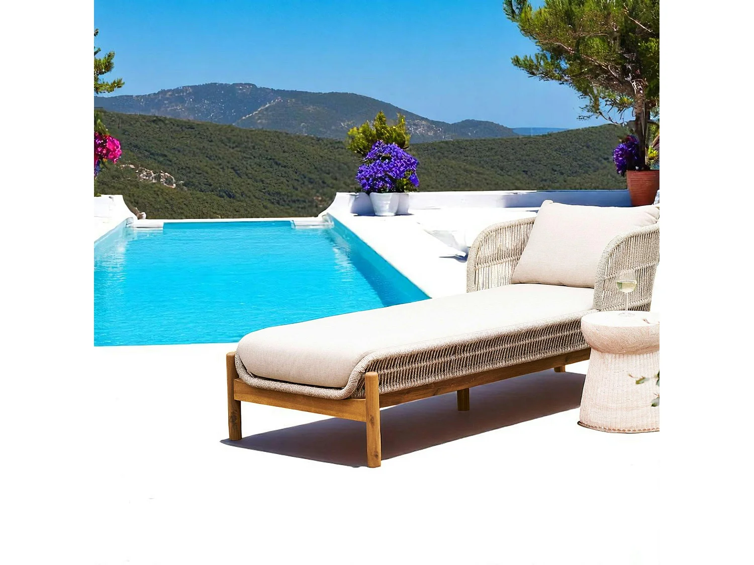 Bain de soleil en bois d'acacia et corde avec dossier montant MENDOZA