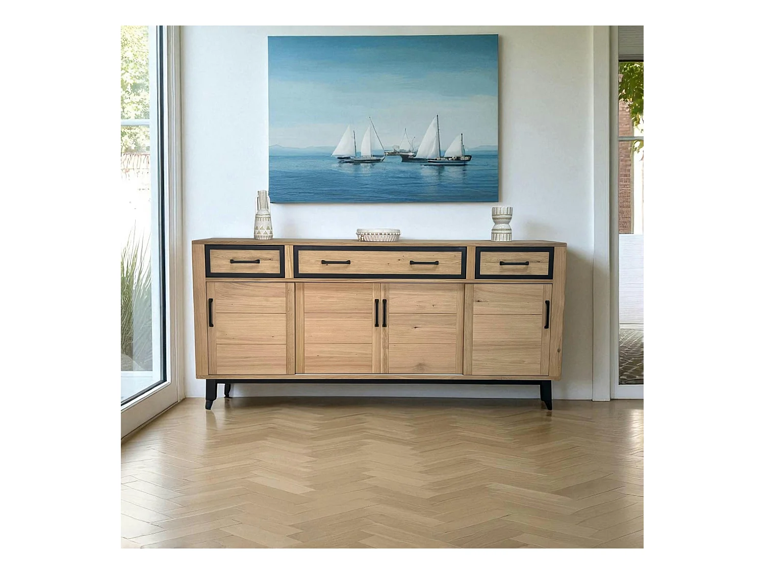 Buffet moderne bois clair - 4 portes, 3 tiroirs GRADO