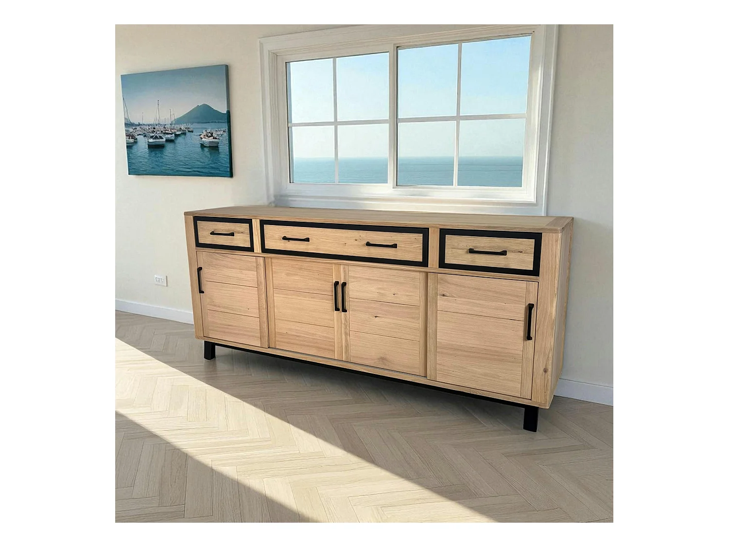 Buffet moderne bois clair - 4 portes, 3 tiroirs GRADO