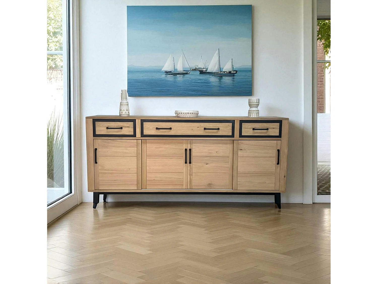 Buffet moderne bois clair - 4 portes, 3 tiroirs GRADO