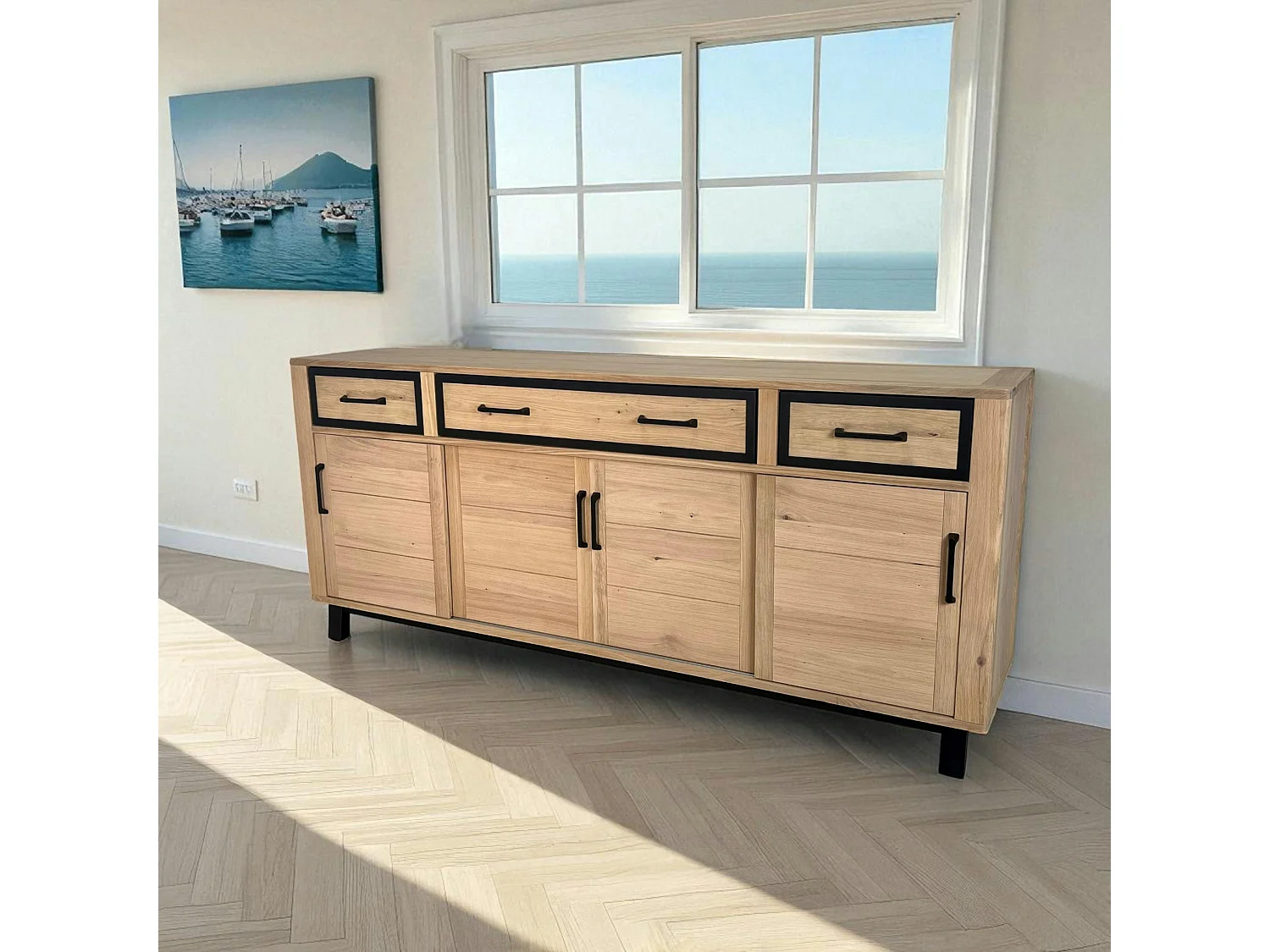 Buffet moderne bois clair - 4 portes, 3 tiroirs GRADO