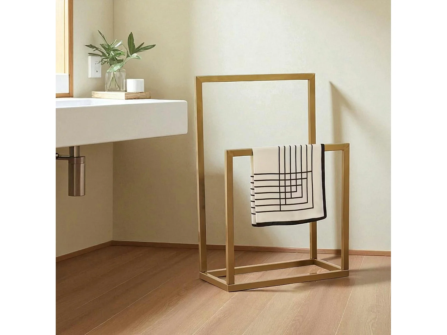 Porte-serviettes sur pied - 2 barres dorées, style design SFAX