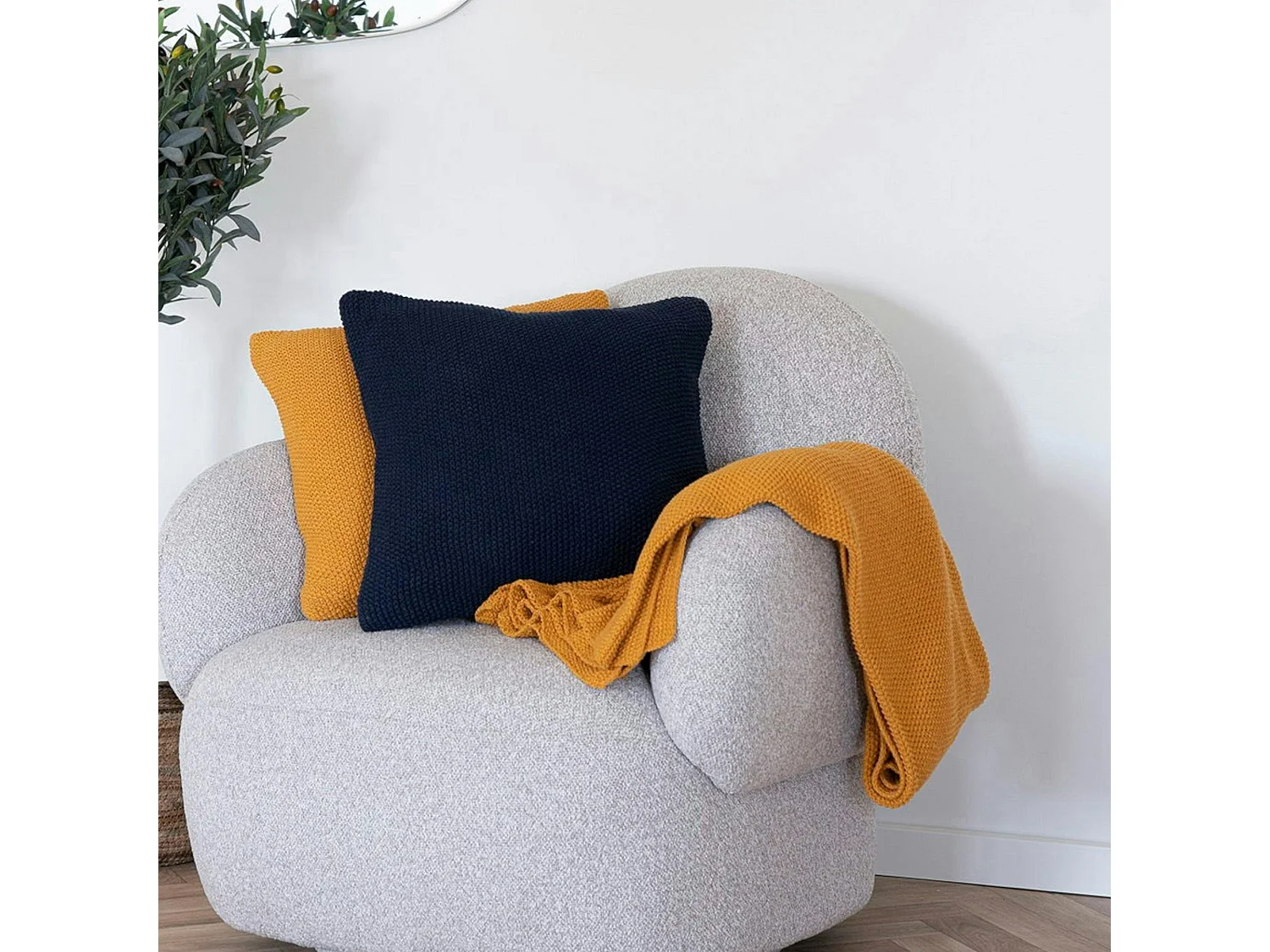 Plaid canapé moutarde - maille de coton recyclé FALLON