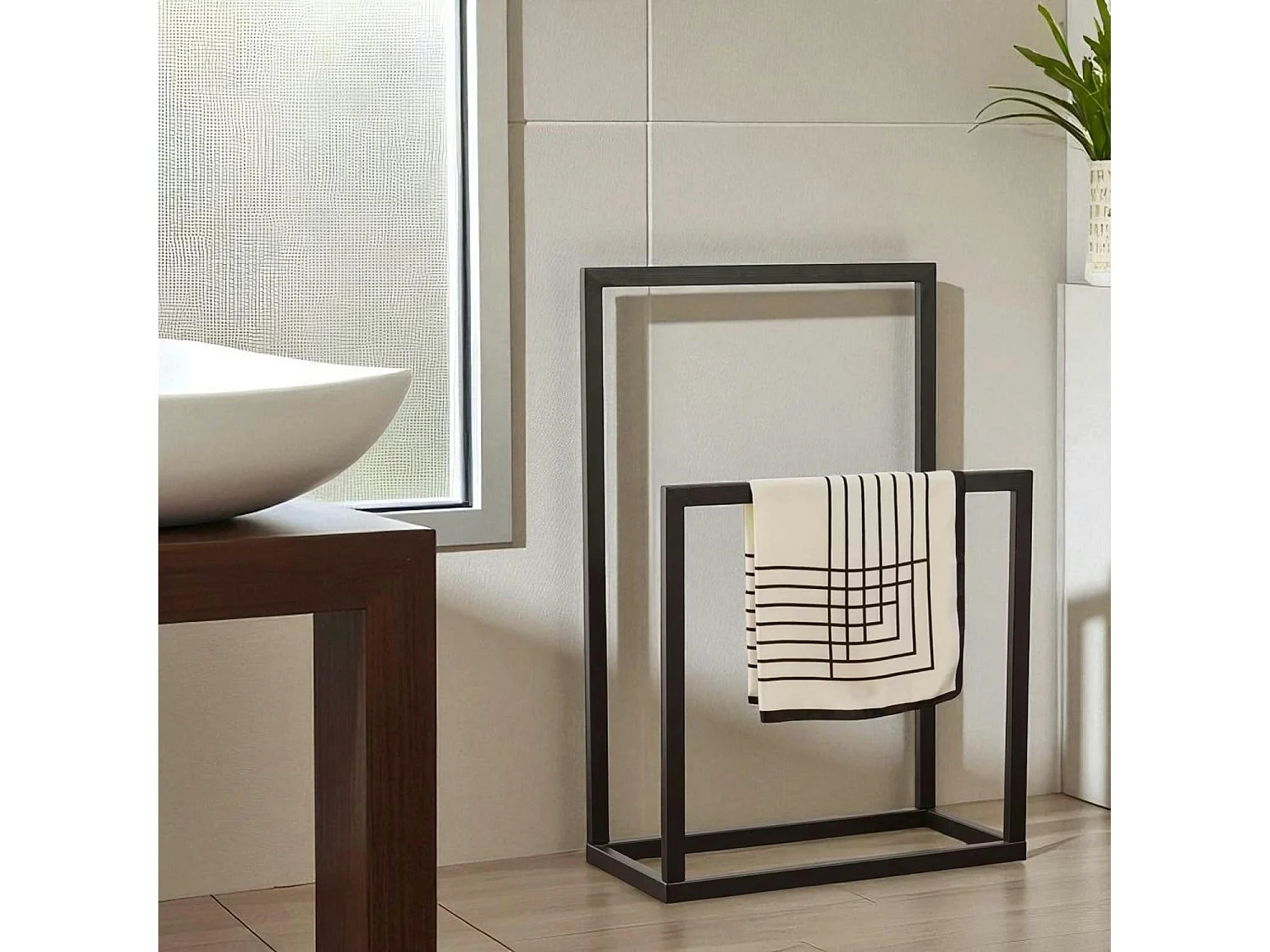 Porte-serviettes sur pied - 2 barres noires, style design SFAX