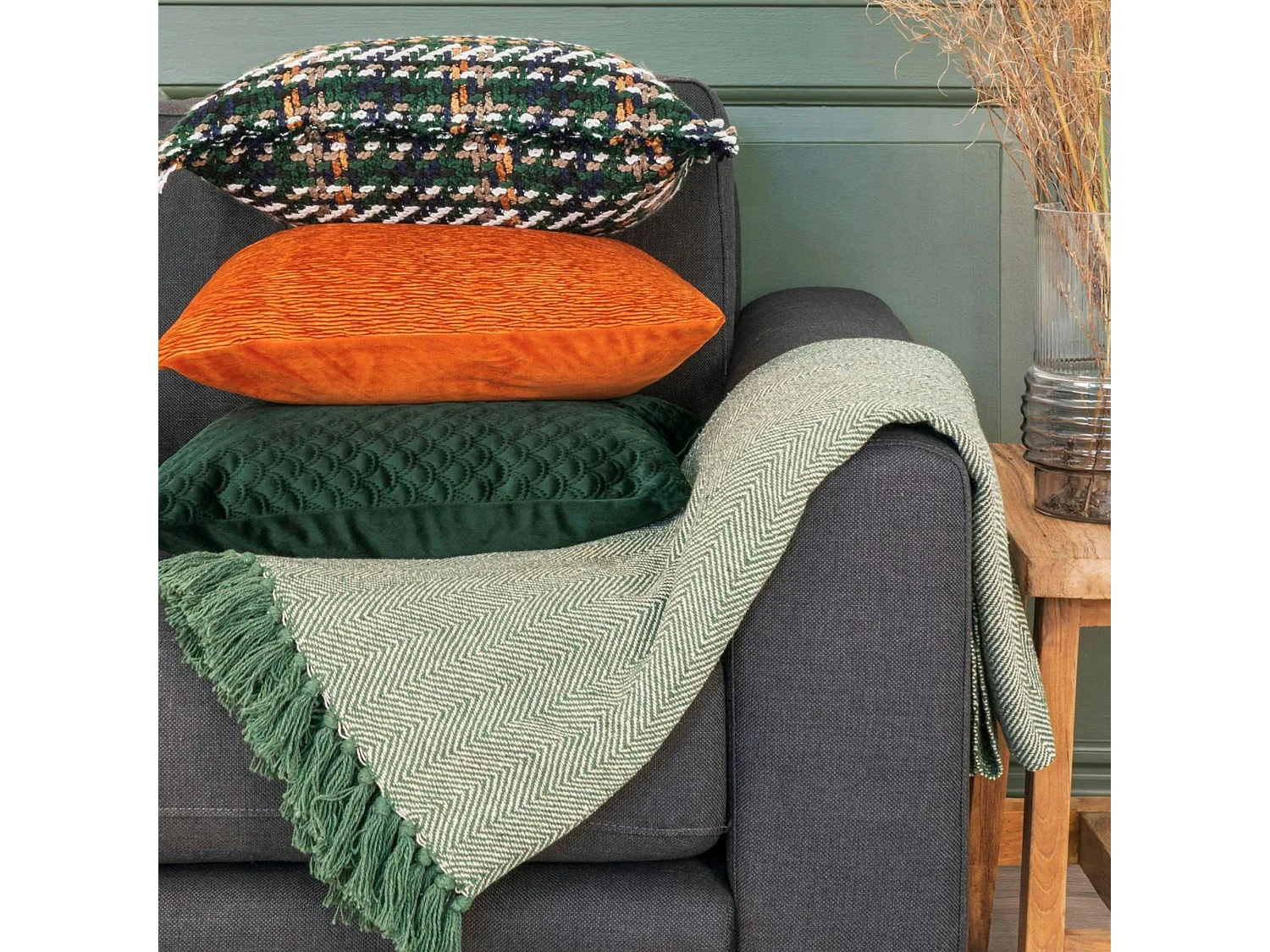 Jeté de canapé vert - motif chevron, 130x160 cm FALLON