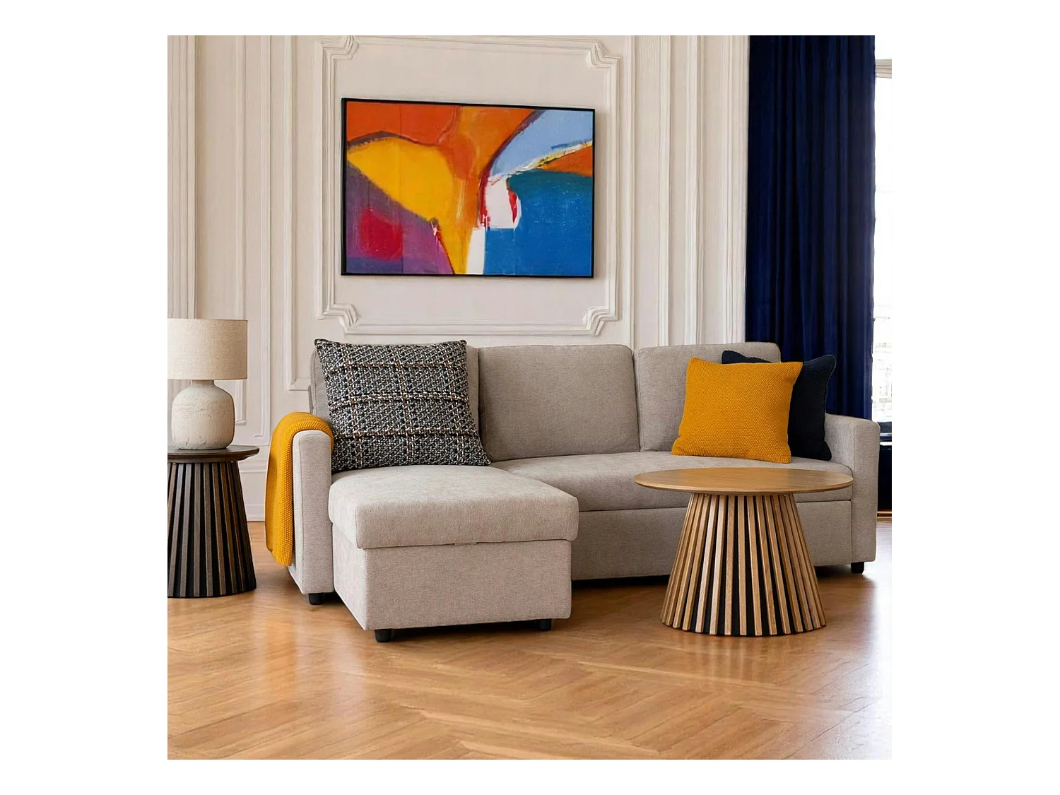 Canapé-lit 3 places beige avec méridienne coffre BERLIN