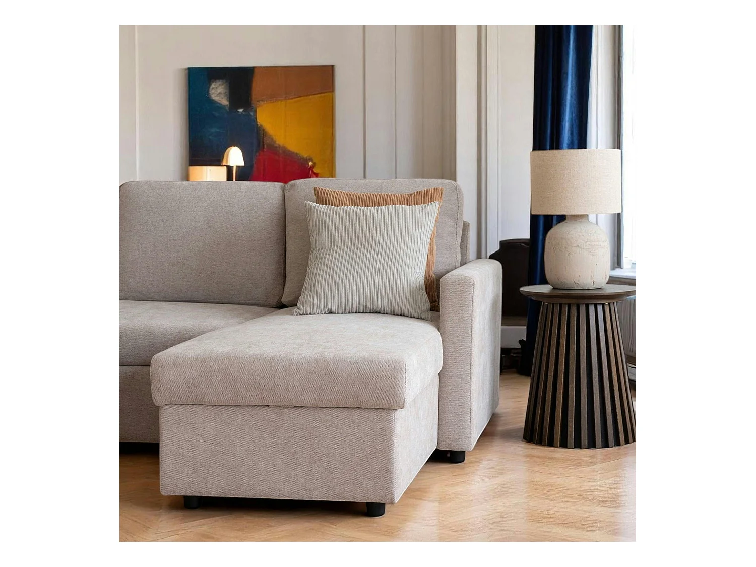 Canapé-lit 3 places beige avec méridienne coffre BERLIN