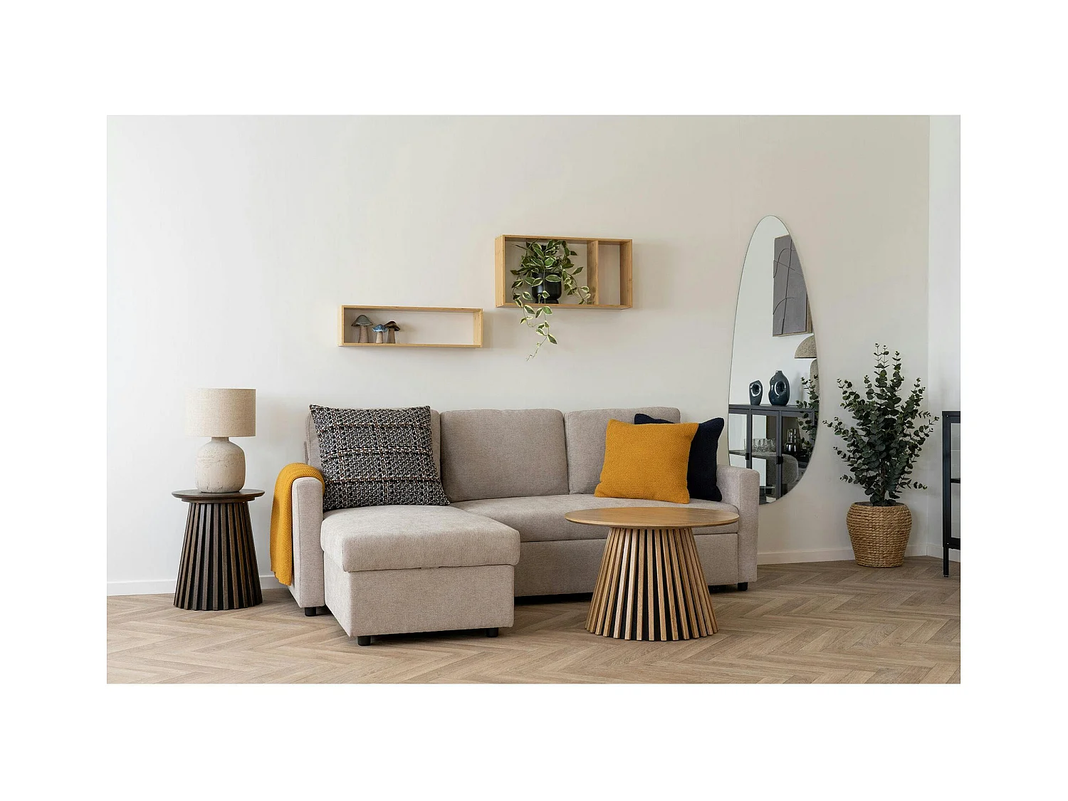 Canapé-lit 3 places beige avec méridienne coffre BERLIN