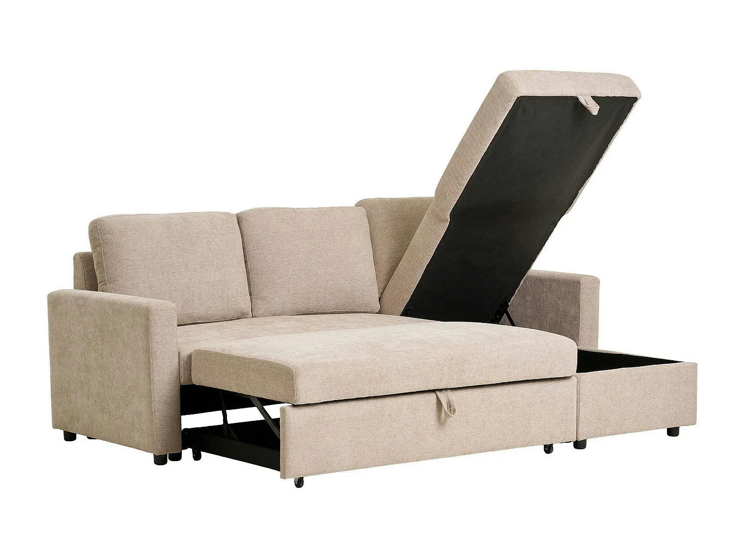 Canapé-lit 3 places beige avec méridienne coffre BERLIN