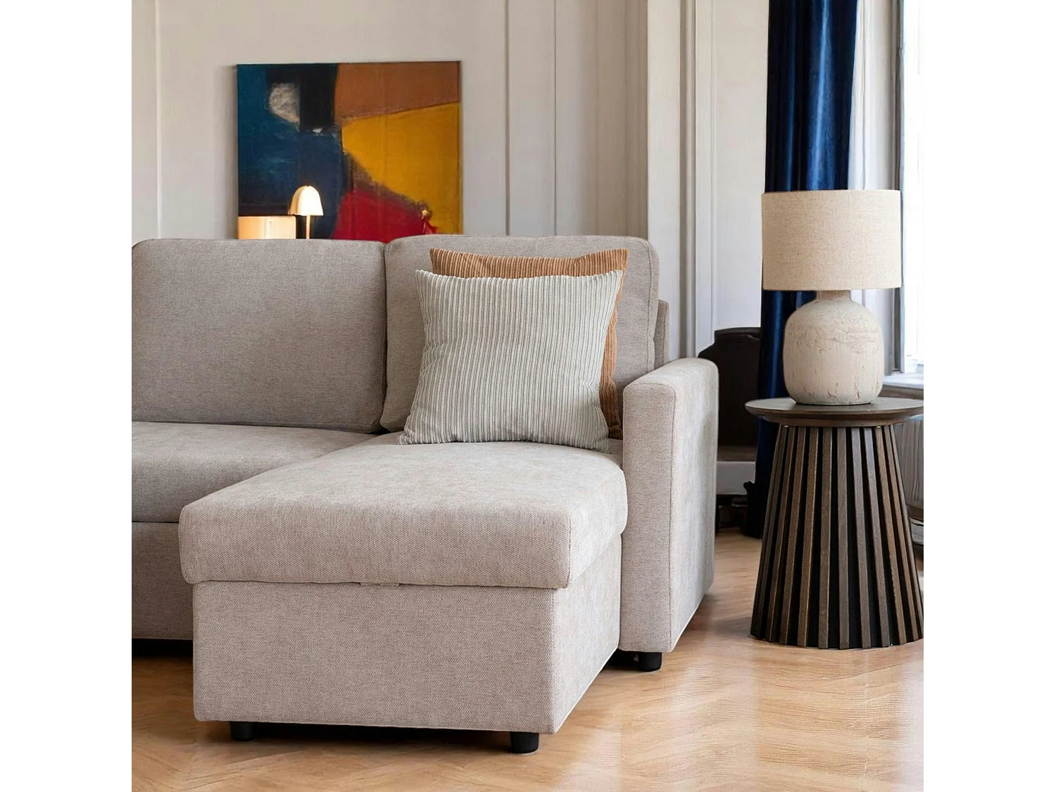 Canapé-lit 3 places beige avec méridienne coffre BERLIN