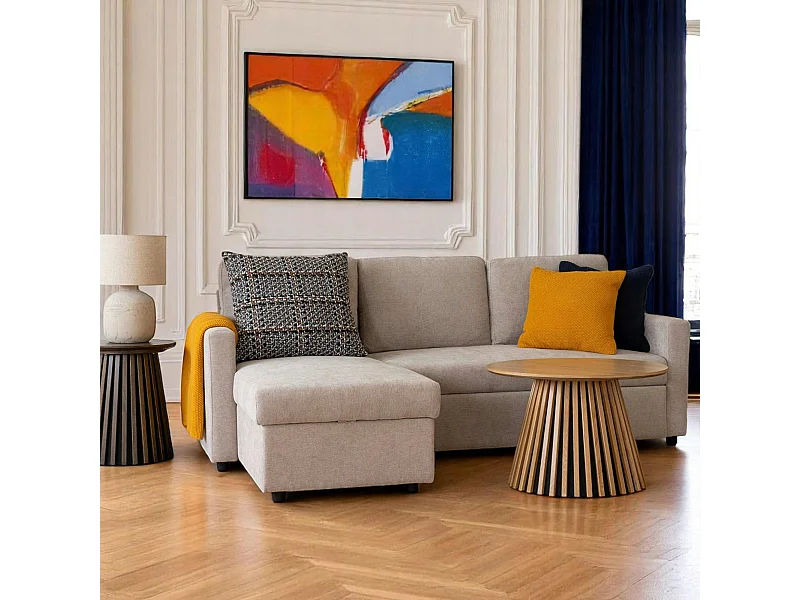 Canapé-lit 3 places beige avec méridienne coffre BERLIN