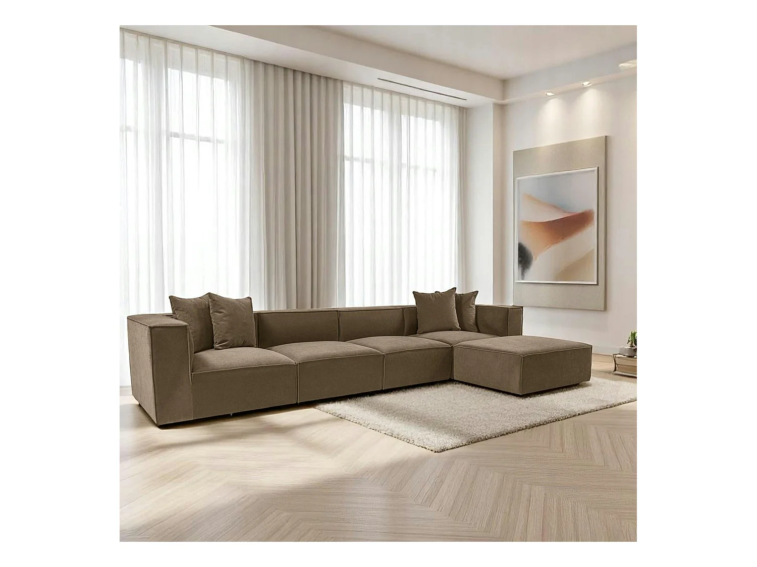 Canapé 5 places en lin marron - avec pouf COLLIOURE