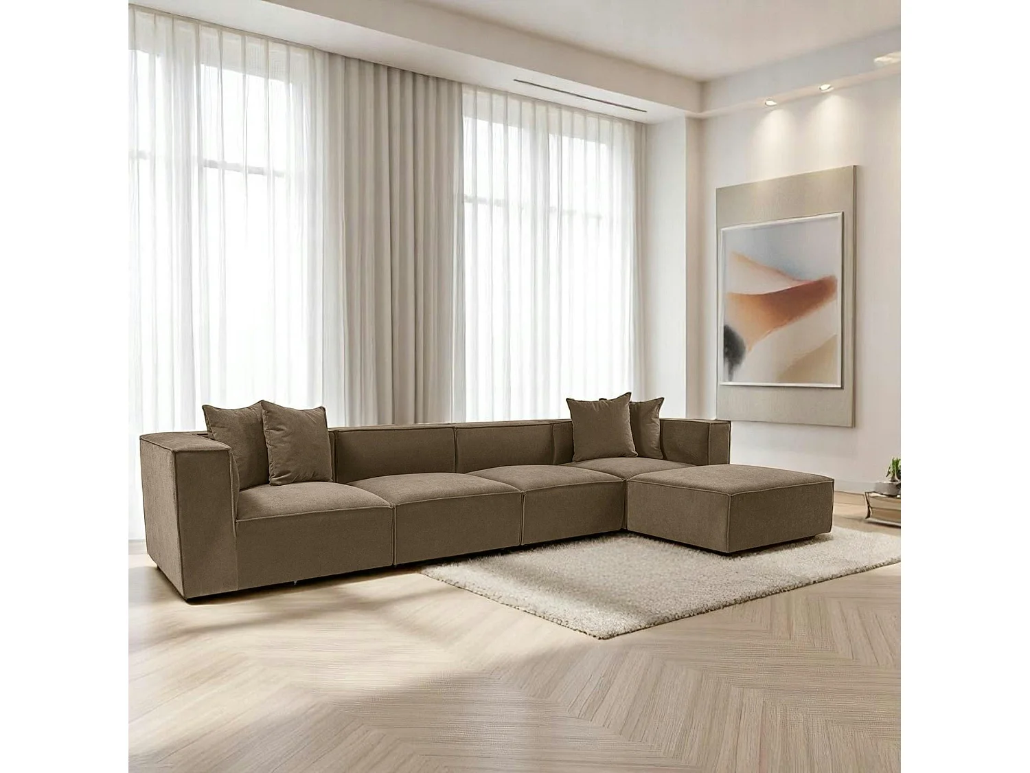 Canapé 5 places en lin marron - avec pouf COLLIOURE