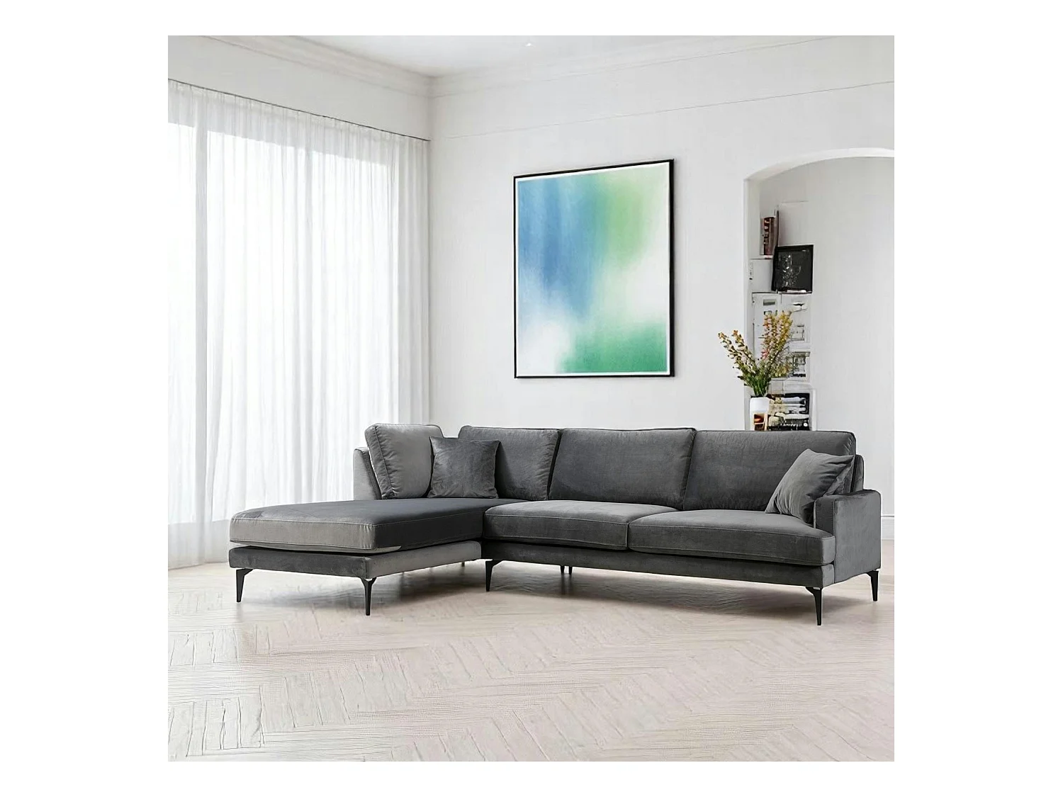 Canapé d'angle gris en velours - côté gauche SEATTLE