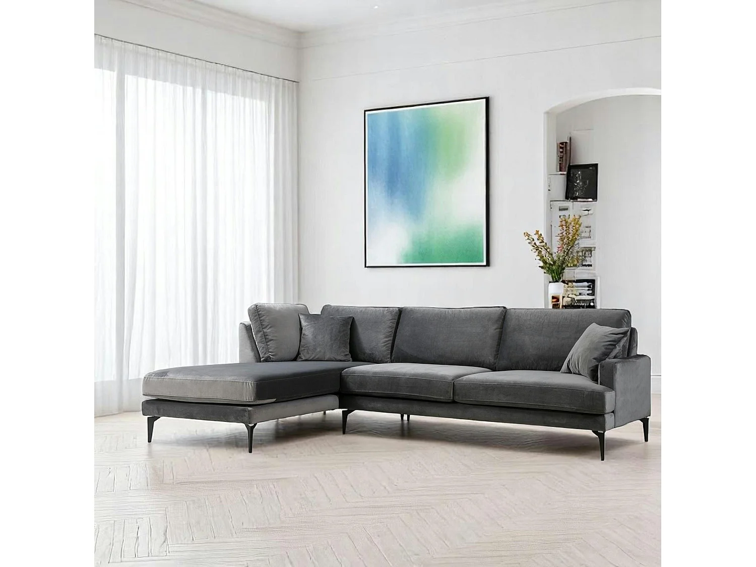 Canapé d'angle gris en velours - côté gauche SEATTLE