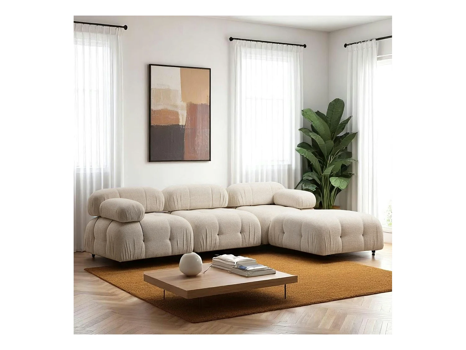 Canapé d'angle modulable beige - tissu bouclette RONDA