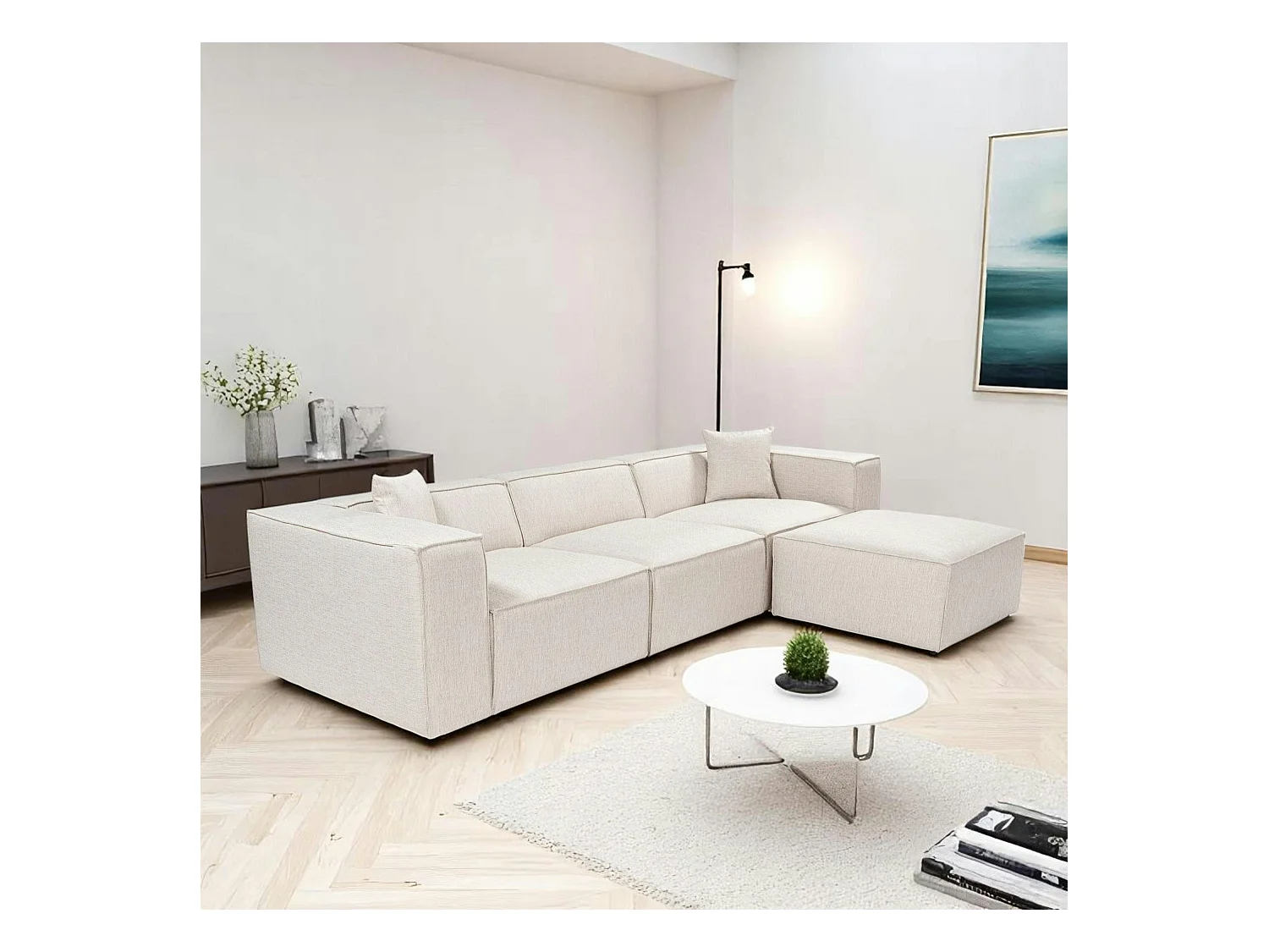 Canapé d'angle modulable écru - tissu lin OSTUNI