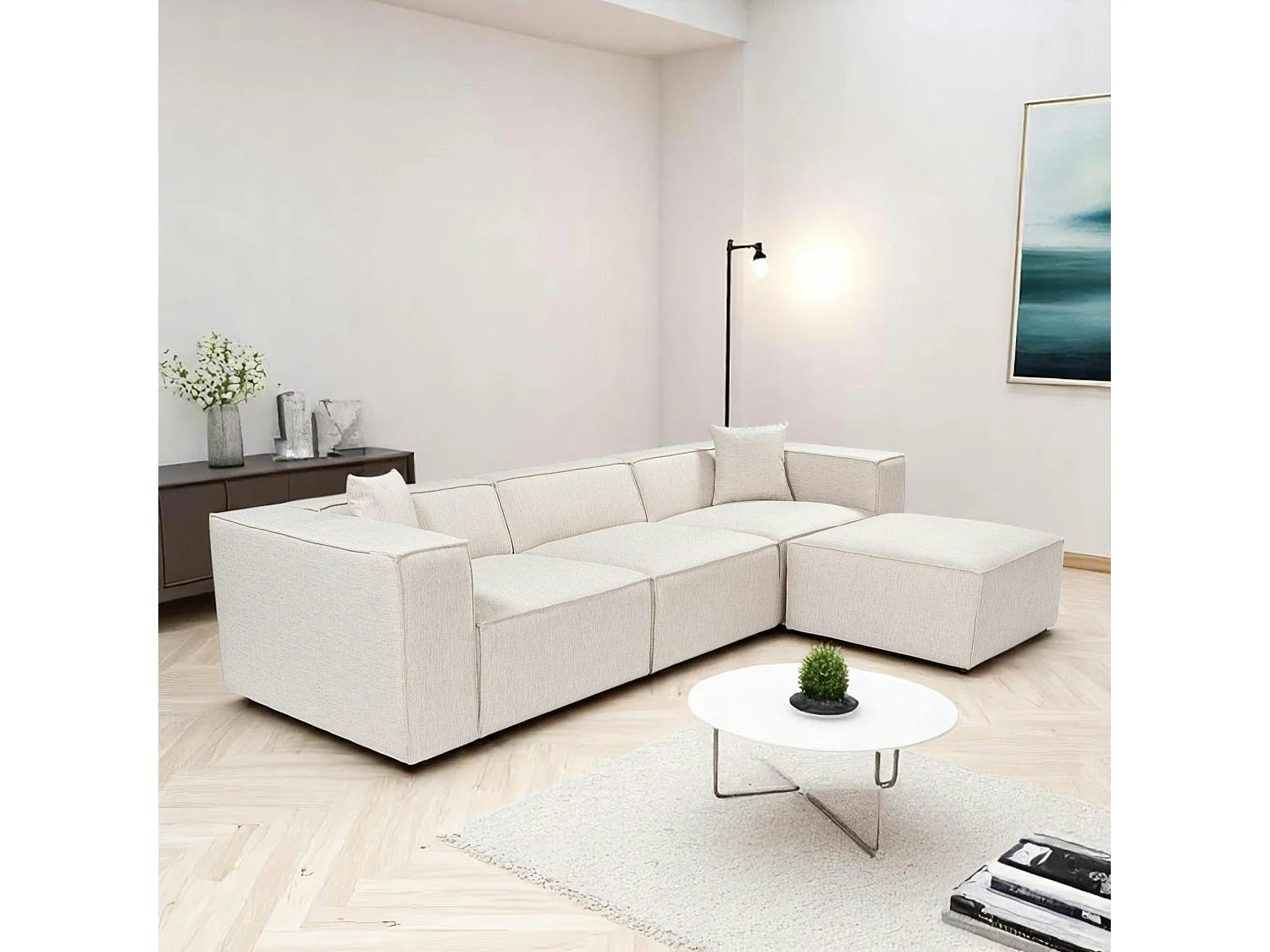 Canapé d'angle modulable écru - tissu lin OSTUNI