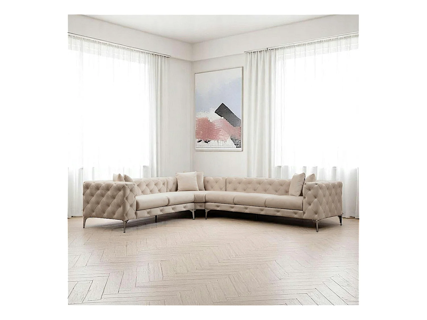 Canapé d'angle écru en velours capitonné - côté gauche DOVER