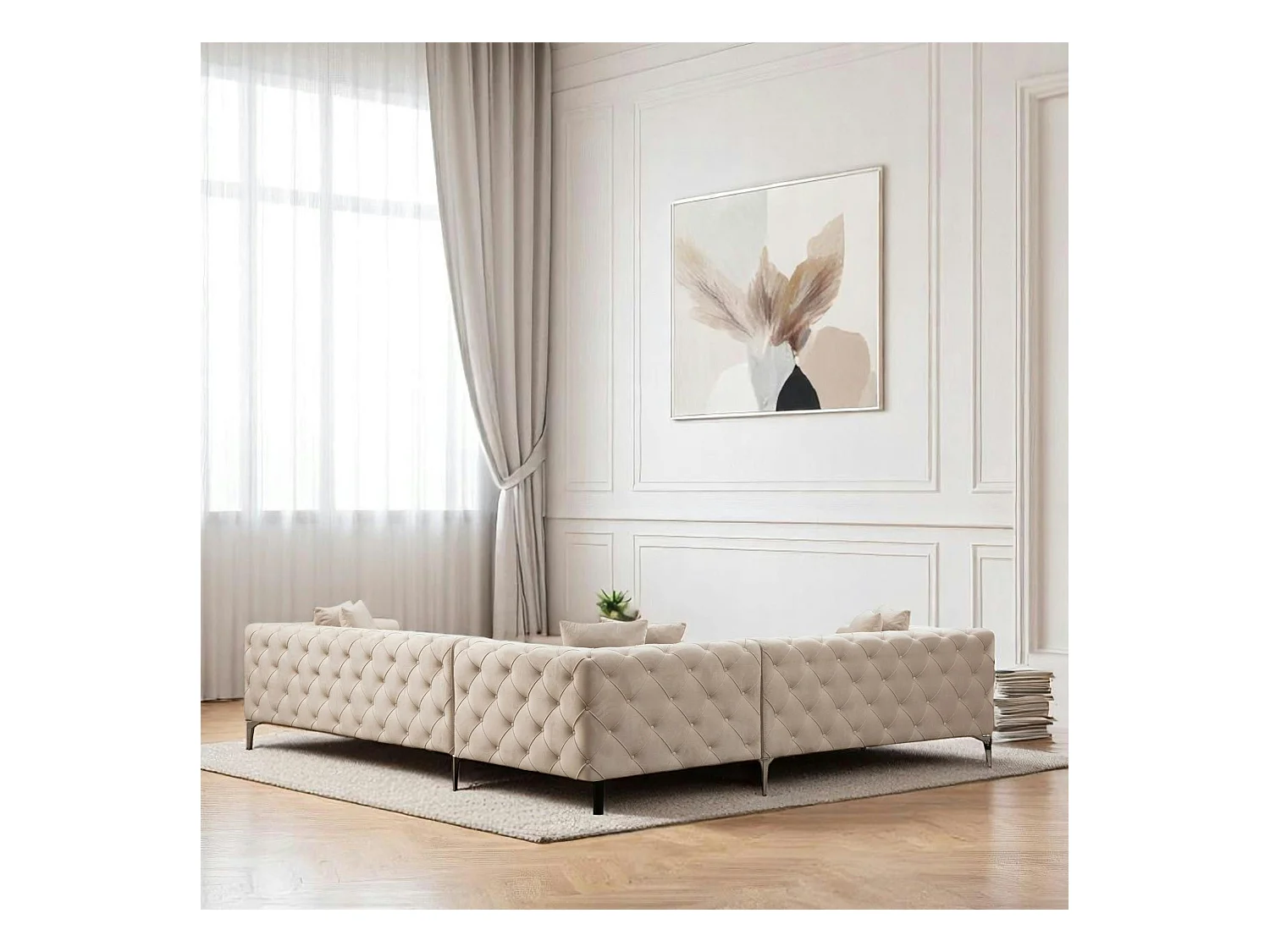 Canapé d'angle écru en velours capitonné - côté gauche DOVER