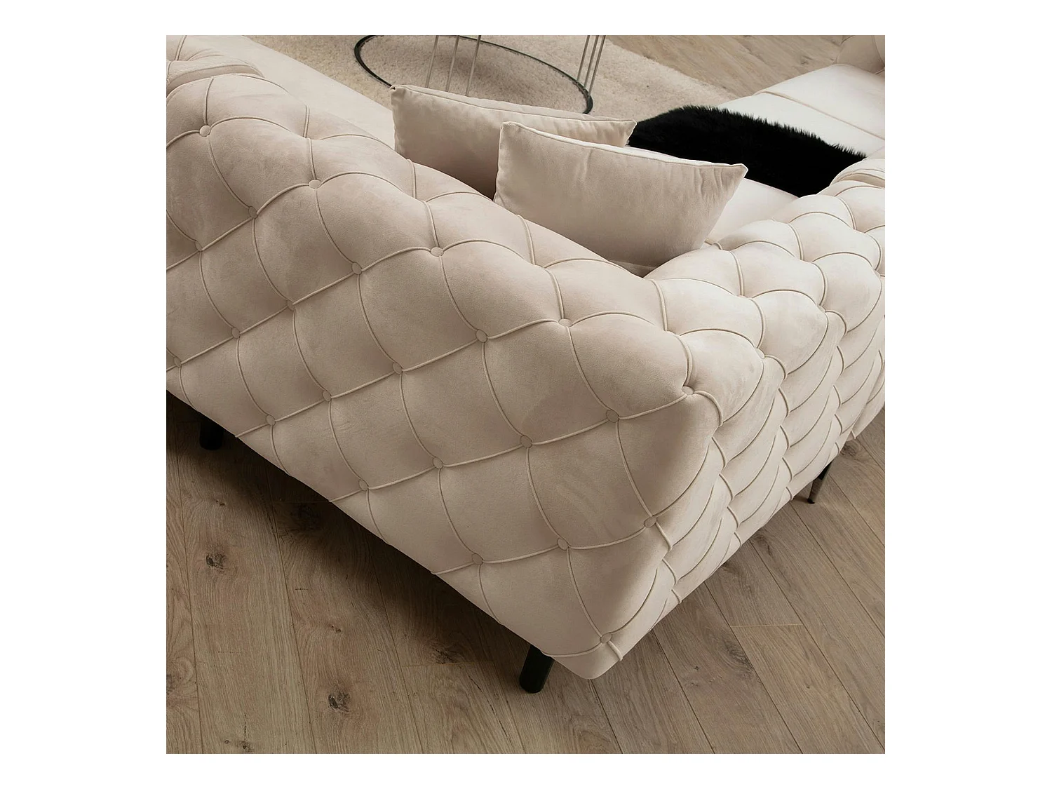 Canapé d'angle écru en velours capitonné - côté gauche DOVER