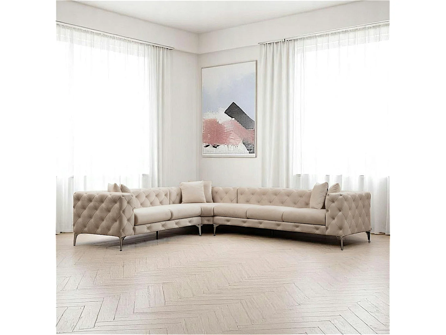 Canapé d'angle écru en velours capitonné - côté gauche DOVER