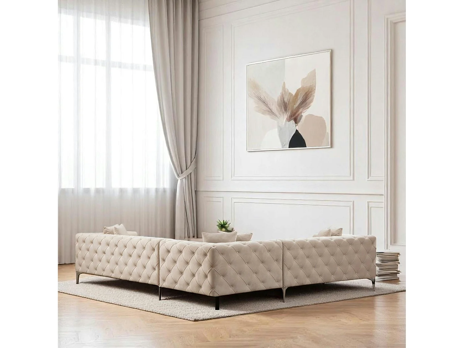 Canapé d'angle écru en velours capitonné - côté gauche DOVER