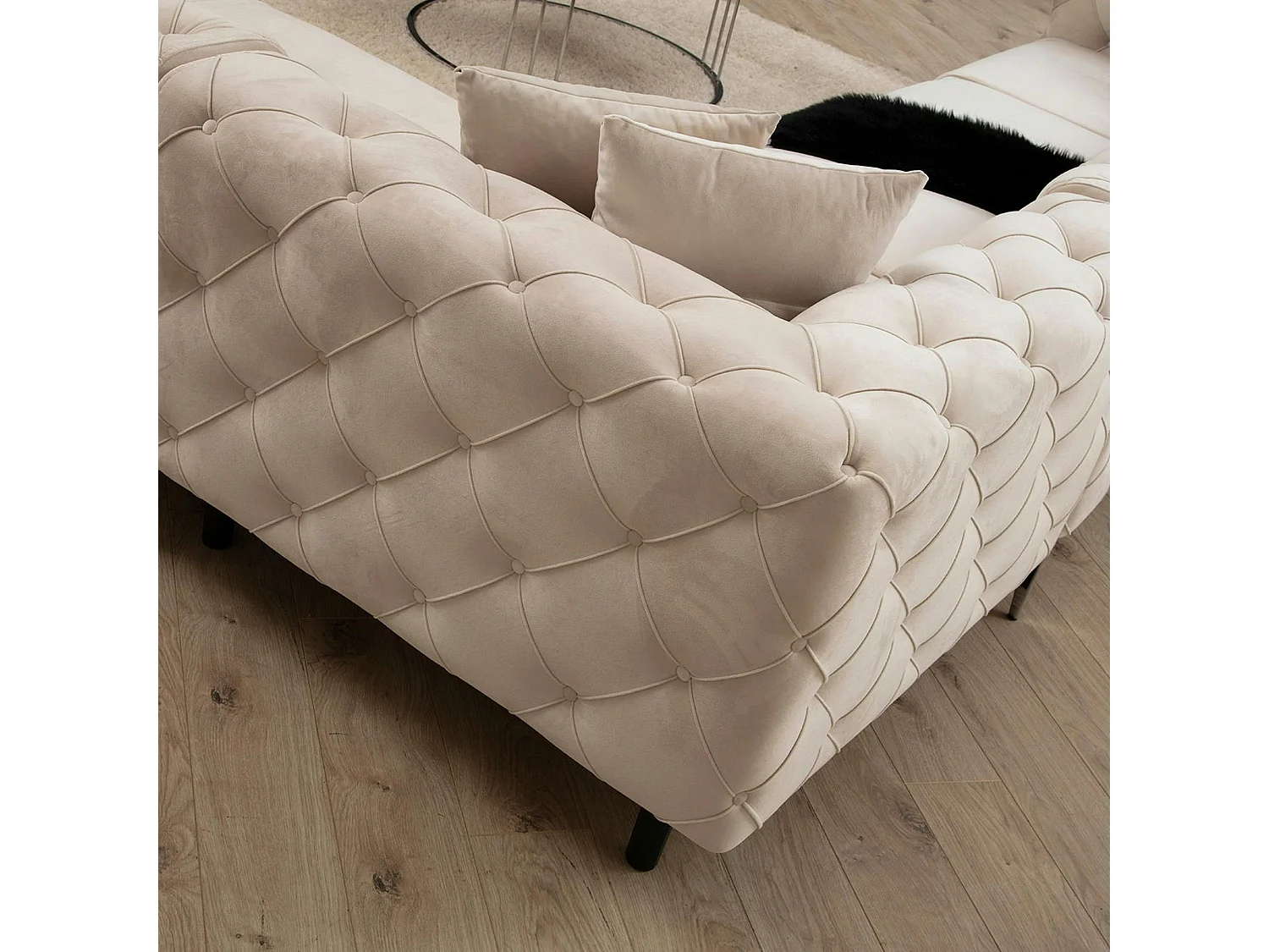 Canapé d'angle écru en velours capitonné - côté gauche DOVER