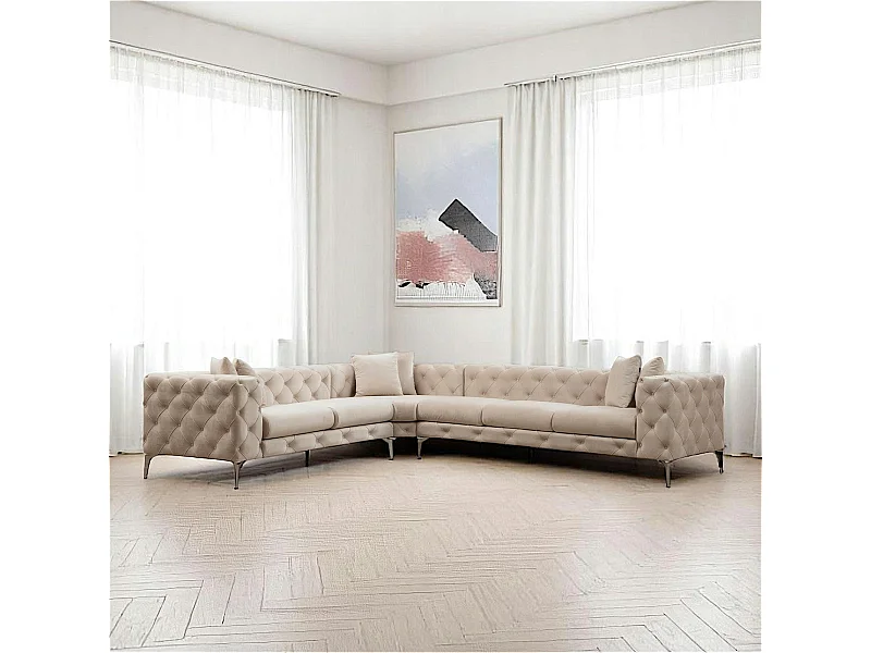 Canapé d'angle écru en velours capitonné - côté gauche DOVER