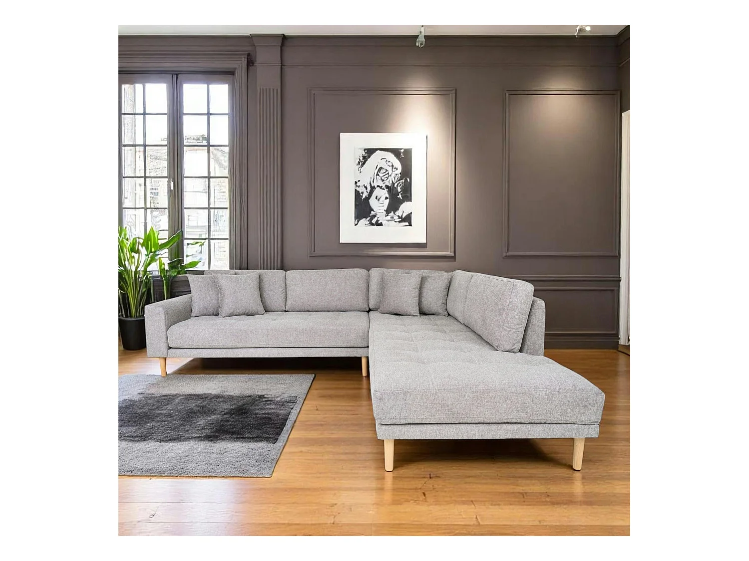 Canapé d'angle gris clair - pieds bois, côté droit AMSTERDAM