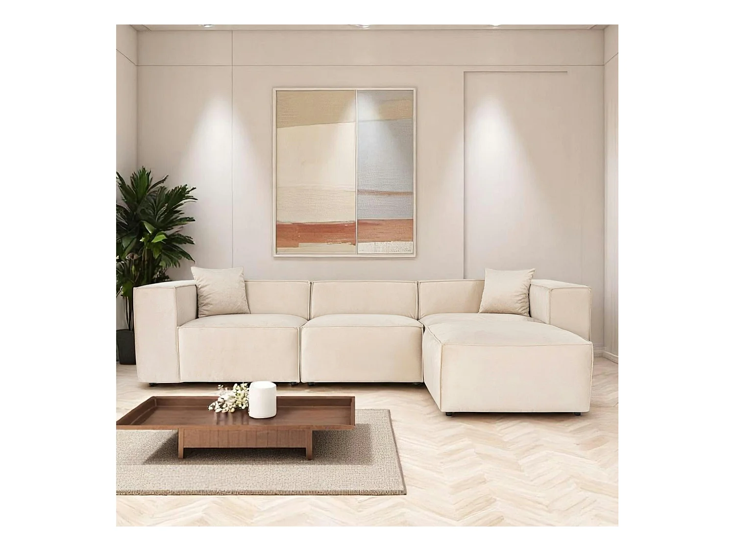 Canapé d'angle modulable beige, tissu lin OSTUNI